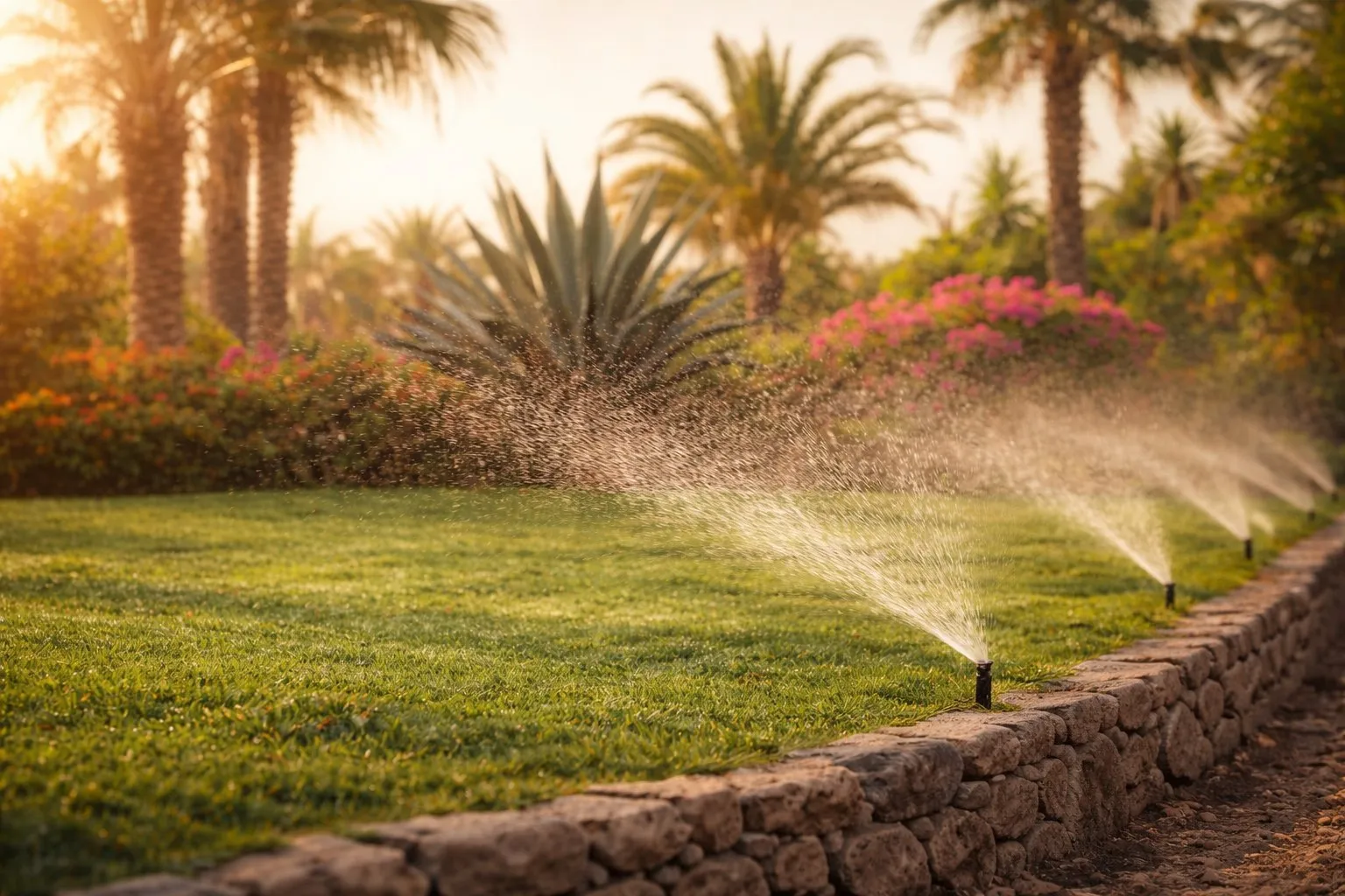 Système d'arrosage automatique d'un jardin à la golden hour, La Grande-Motte