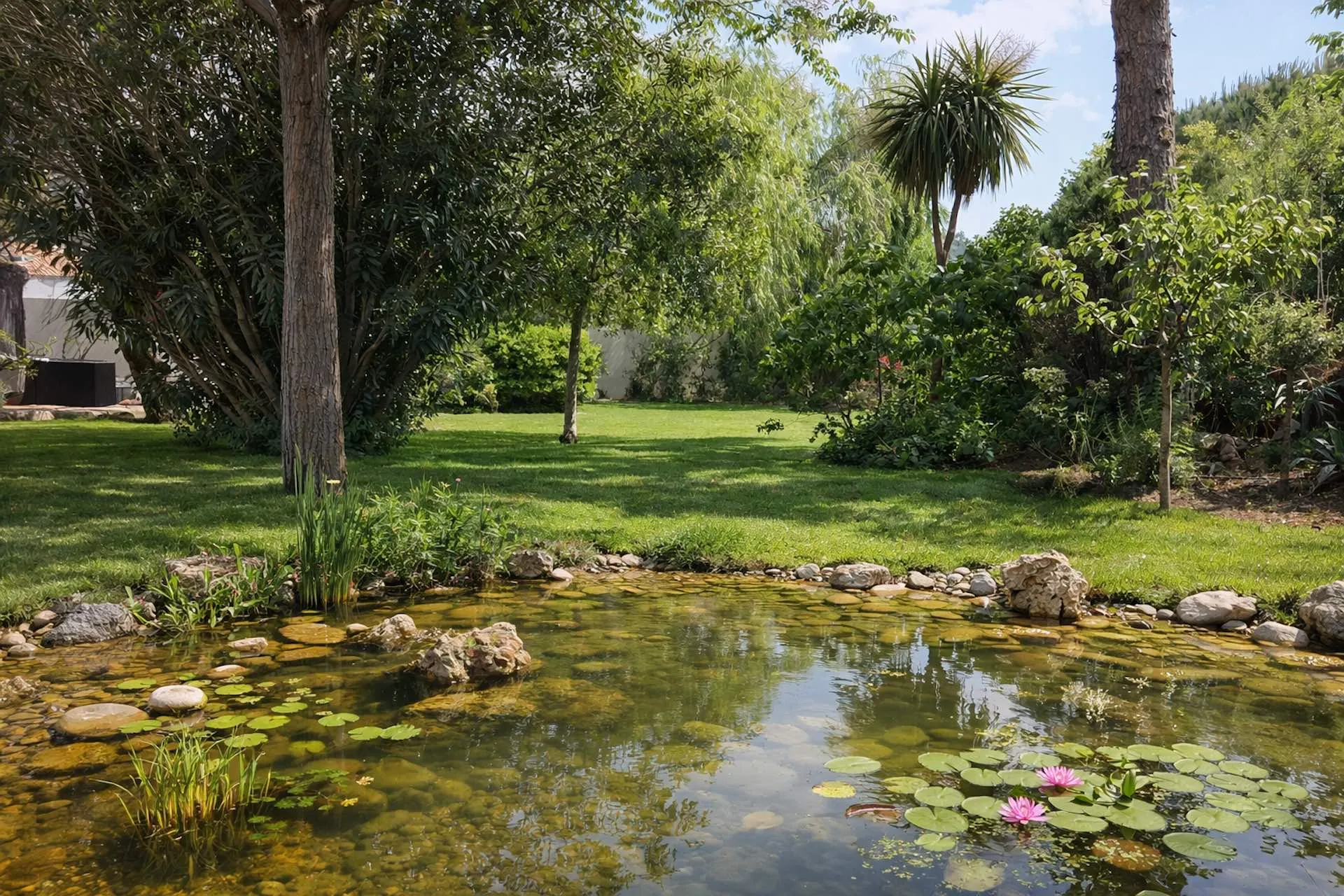 Jardin avec bassin et nénuphars