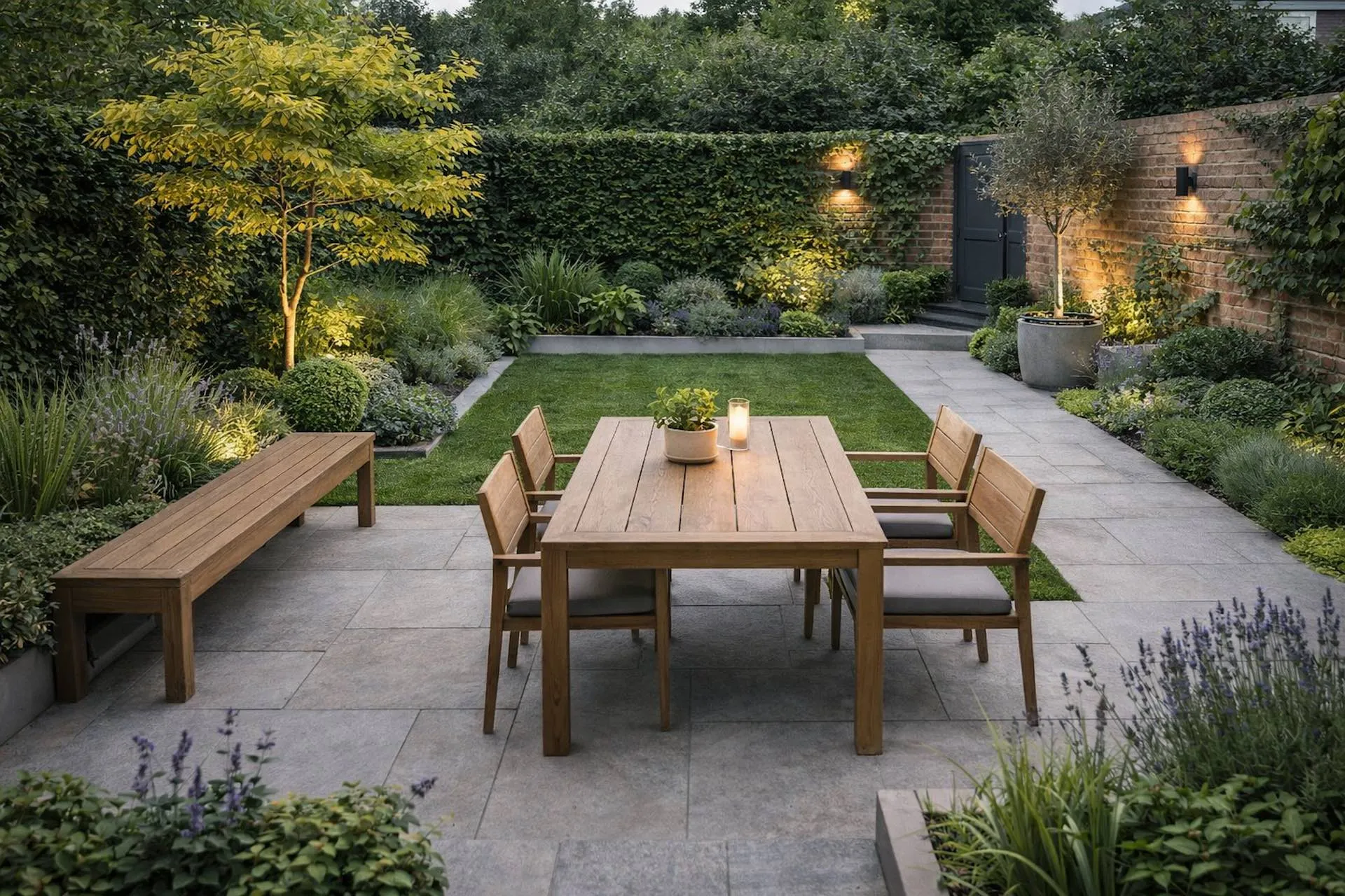 Cour minimaliste avec terrasse en pierre éclairée au crépuscule, Pérols